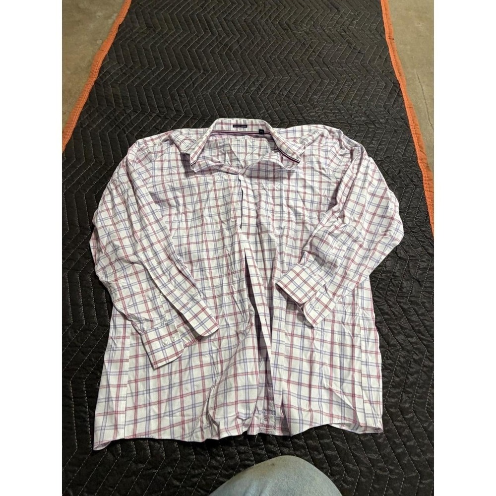 Tommy Hilfiger Mens Regular Fit Non Iron Plaid Button Down Shirt White Red Blue
